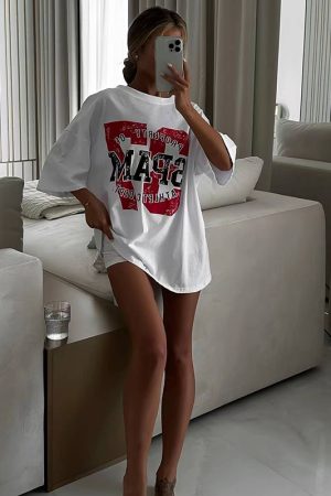 White Retro Short Sleeve T-Shirt for Women - American Style Loose Half-Sleeve Top for Summer - Trendy High Street Fashion