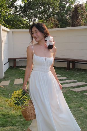 White Spaghetti Strap A-Line Dress with Long Skirt – Sexy Vacation Style, Trendy French Design, Perfect for Summer Events