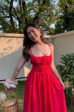 White Spaghetti Strap A-Line Dress with Long Skirt – Sexy Vacation Style, Trendy French Design, Perfect for Summer Events