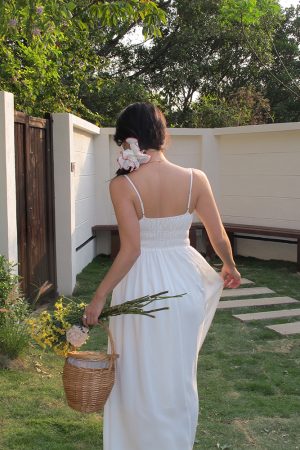 White Spaghetti Strap A-Line Dress with Long Skirt – Sexy Vacation Style, Trendy French Design, Perfect for Summer Events