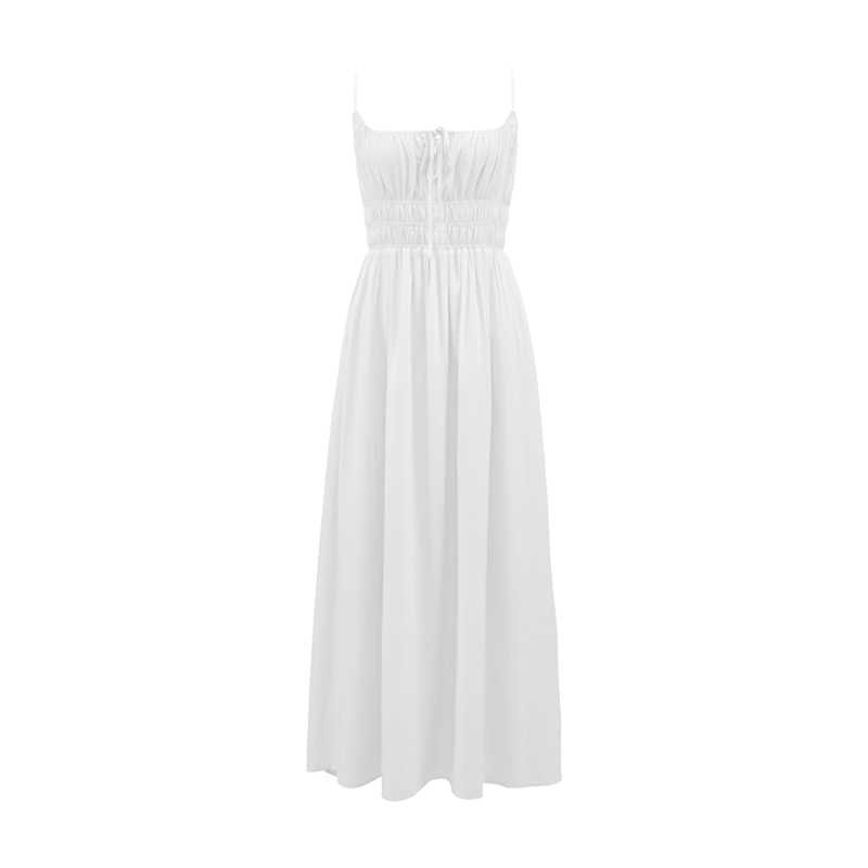 White Spaghetti Strap A-Line Dress with Long Skirt – Sexy Vacation Style, Trendy French Design, Perfect for Summer Events White Spaghetti Strap A-Line Dress with Long Skirt – Sexy Vacation Style, Trendy French Design, Perfect for Summer Events