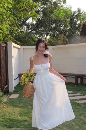 White Spaghetti Strap A-Line Dress with Long Skirt â€“ Sexy Vacation Style, Trendy French Design, Perfect for Summer Events