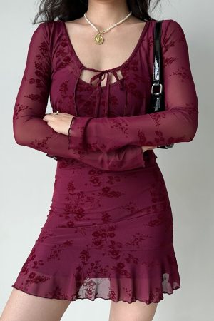 Wine Red Embroidered Camisole Dress & Cardigan Two-Piece Set - European & American Style New Year Fashion Robe