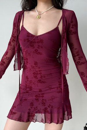 Wine Red Embroidered Camisole Dress & Cardigan Two-Piece Set - European & American Style New Year Fashion Robe