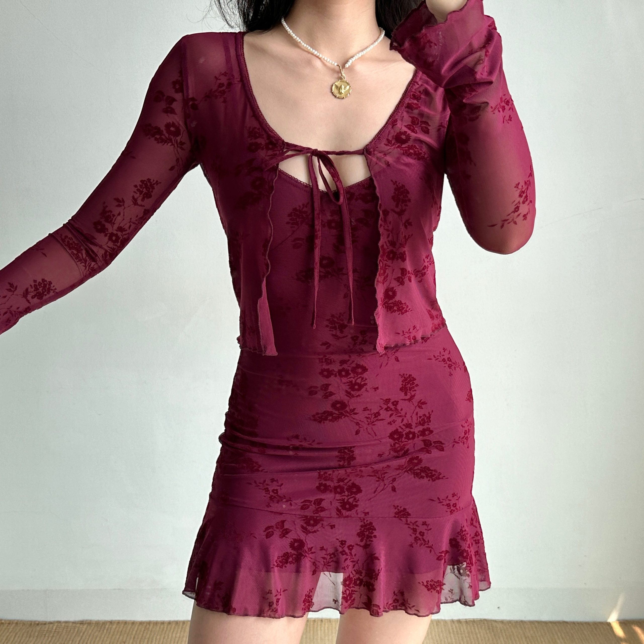 Wine Red Embroidered Camisole Dress & Cardigan Two-Piece Set - European & American Style New Year Fashion Robe Wine Red Embroidered Camisole Dress & Cardigan Two-Piece Set - European & American Style New Year Fashion Robe