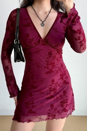 Wine Red Velvet Ribbon Mesh Dress for Women - Deep V-Neck, Slim Fit, Short Skirt - European American Style, Y2K Fashion
