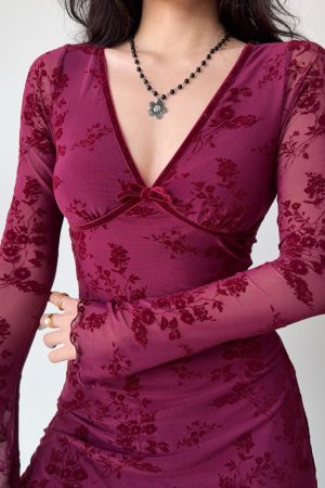 Wine Red Velvet Ribbon Mesh Dress for Women - Deep V-Neck, Slim Fit, Short Skirt - European American Style, Y2K Fashion
