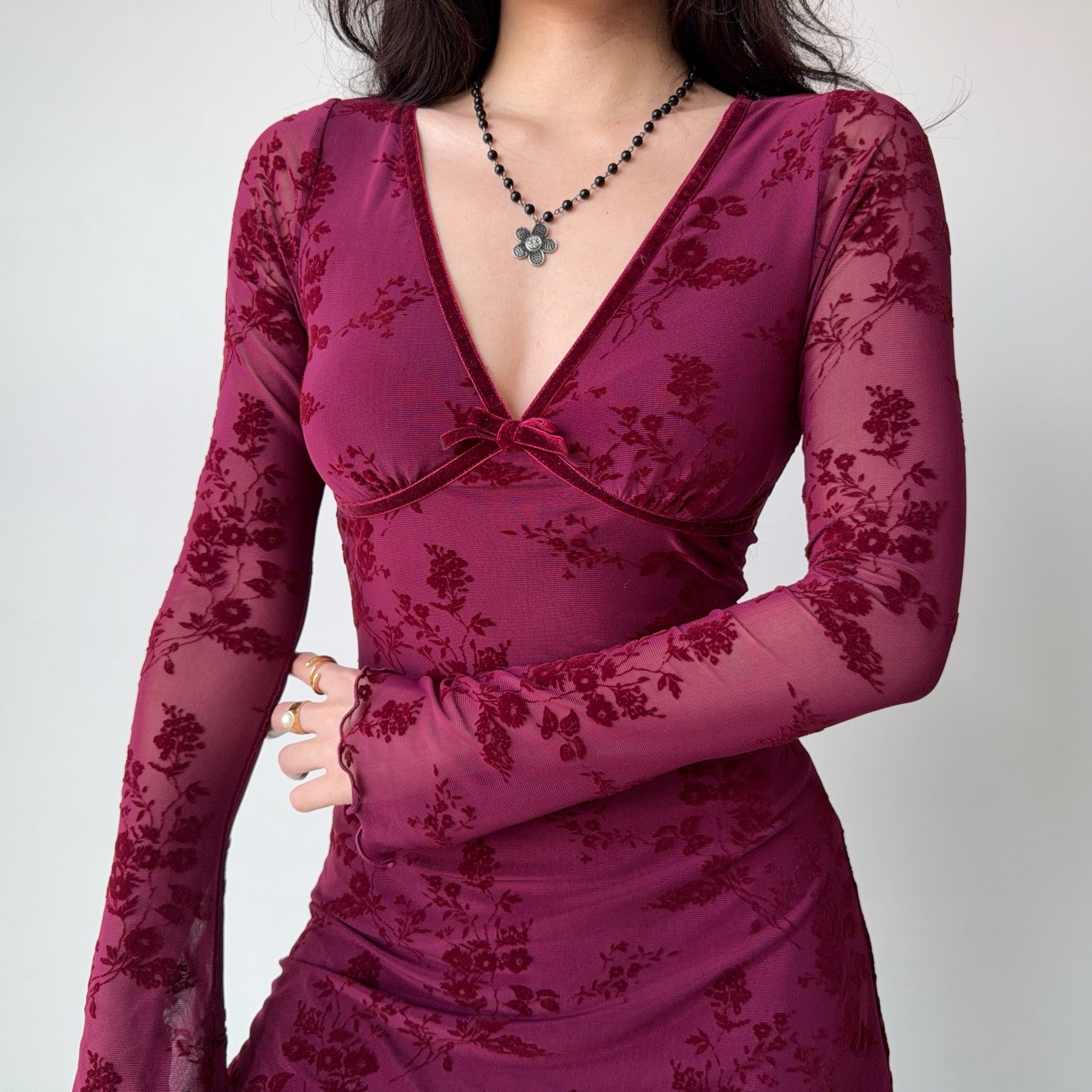 Wine Red Velvet Ribbon Mesh Dress for Women - Deep V-Neck, Slim Fit, Short Skirt - European American Style, Y2K Fashion Wine Red Velvet Ribbon Mesh Dress for Women - Deep V-Neck, Slim Fit, Short Skirt - European American Style, Y2K Fashion