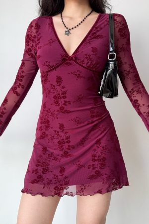 Wine Red Velvet Ribbon Mesh Dress for Women - Deep V-Neck, Slim Fit, Short Skirt - European American Style, Y2K Fashion