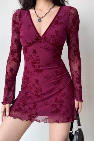 Wine Red Velvet Ribbon Mesh Dress for Women - Deep V-Neck, Slim Fit, Short Skirt - European American Style, Y2K Fashion
