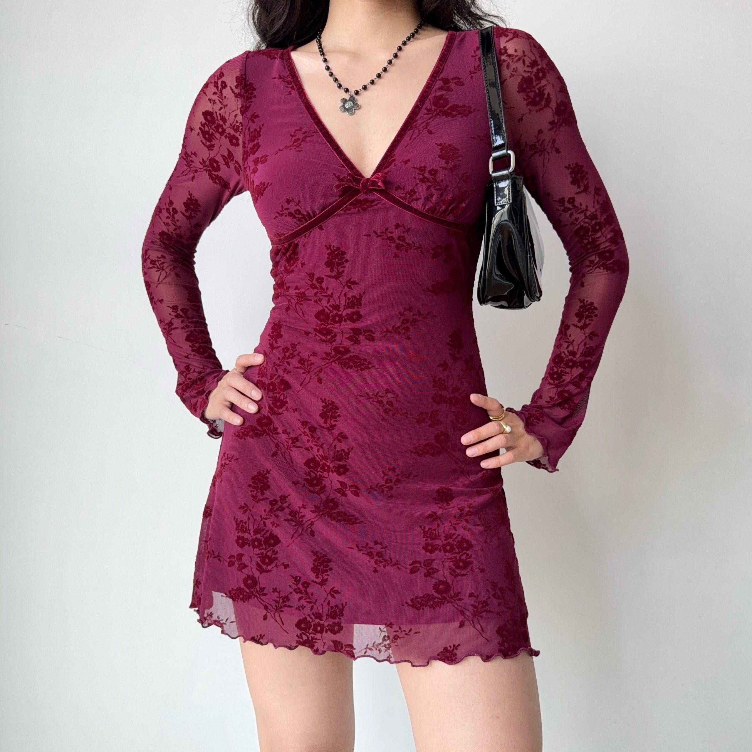 Wine Red Velvet Ribbon Mesh Dress for Women - Deep V-Neck, Slim Fit, Short Skirt - European American Style, Y2K Fashion Wine Red Velvet Ribbon Mesh Dress for Women - Deep V-Neck, Slim Fit, Short Skirt - European American Style, Y2K Fashion