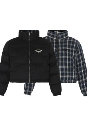 Winter Plaid Reversible Cotton Jacket for Women - Embroidered Slogan, Thickened Outerwear, Cozy Layering, Trendy Street Style