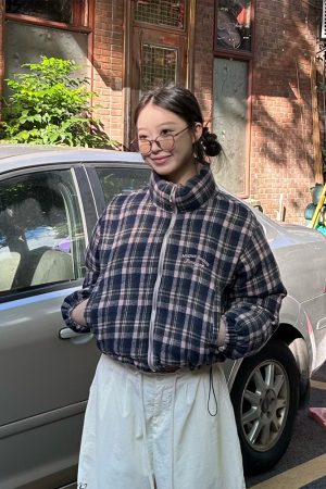 Winter Plaid Reversible Cotton Jacket for Women - Embroidered Slogan, Thickened Outerwear, Cozy Layering, Trendy Street Style