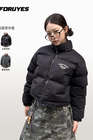 Winter Plaid Reversible Cotton Jacket for Women - Embroidered Slogan, Thickened Outerwear, Cozy Layering, Trendy Street Style