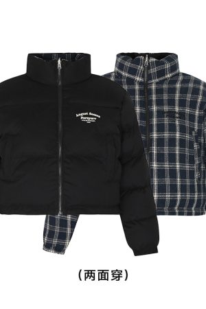 Winter Plaid Reversible Cotton Jacket for Women - Embroidered Slogan, Thickened Outerwear, Cozy Layering, Trendy Street Style