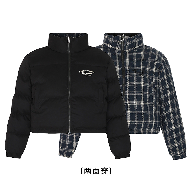 Winter Plaid Reversible Cotton Jacket for Women - Embroidered Slogan, Thickened Outerwear, Cozy Layering, Trendy Street Style Winter Plaid Reversible Cotton Jacket for Women - Embroidered Slogan, Thickened Outerwear, Cozy Layering, Trendy Street Style