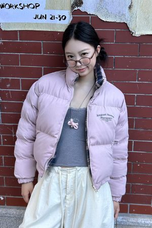 Winter Plaid Reversible Cotton Jacket for Women - Embroidered Slogan, Thickened Outerwear, Cozy Layering, Trendy Street Style