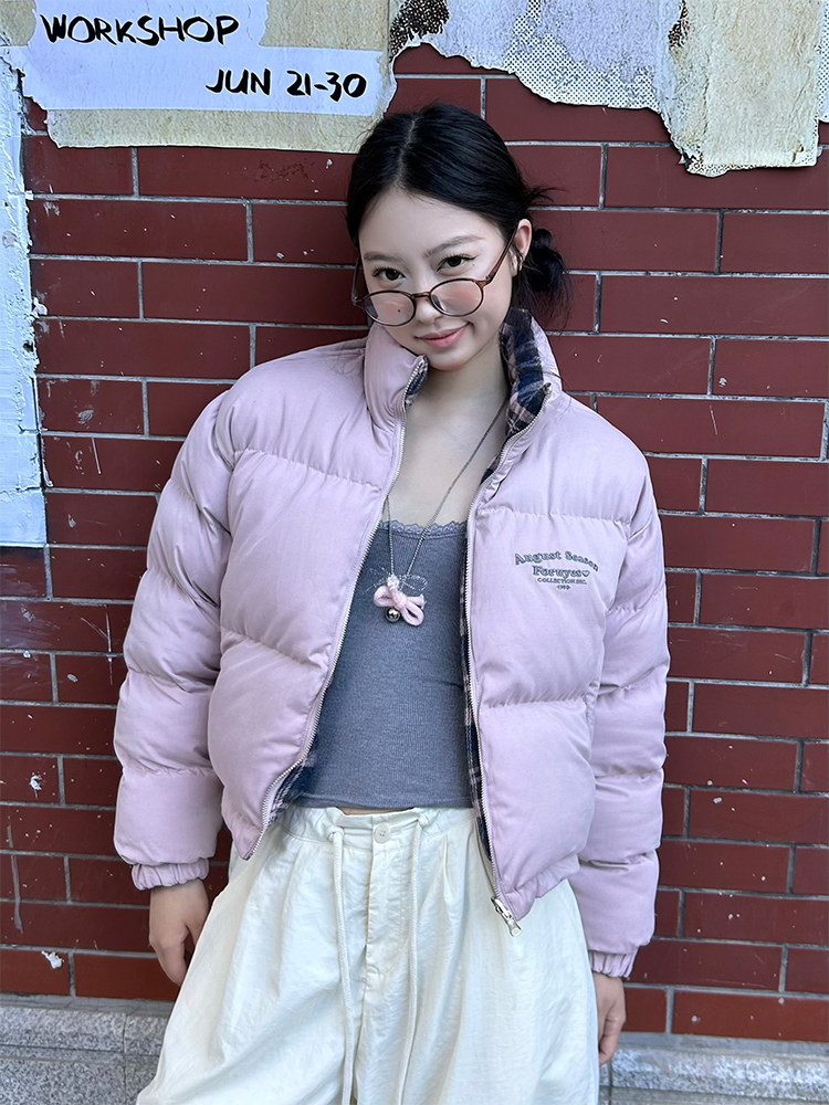 Winter Plaid Reversible Cotton Jacket for Women - Embroidered Slogan, Thickened Outerwear, Cozy Layering, Trendy Street Style Winter Plaid Reversible Cotton Jacket for Women - Embroidered Slogan, Thickened Outerwear, Cozy Layering, Trendy Street Style