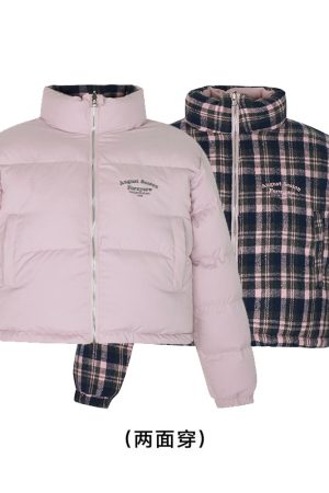 Winter Plaid Reversible Cotton Jacket for Women - Embroidered Slogan, Thickened Outerwear, Cozy Layering, Trendy Street Style