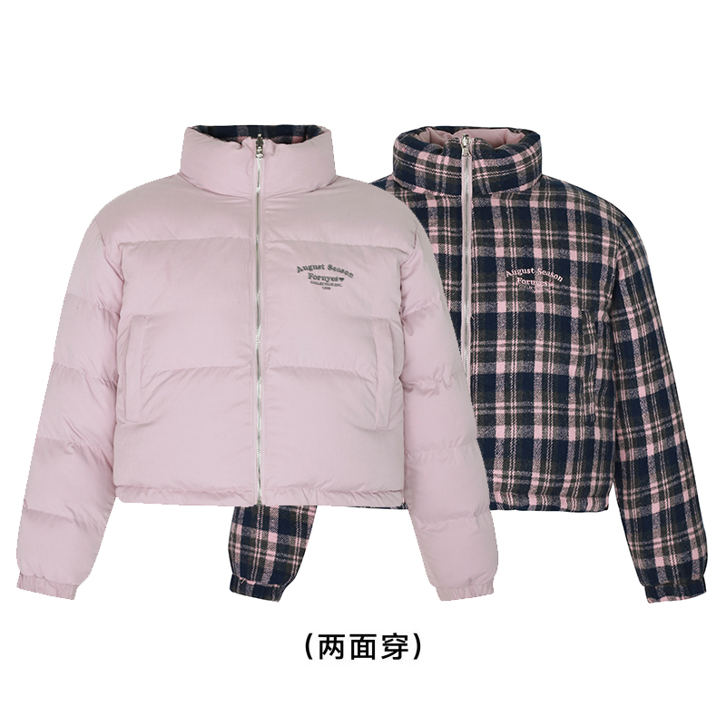 Winter Plaid Reversible Cotton Jacket for Women - Embroidered Slogan, Thickened Outerwear, Cozy Layering, Trendy Street Style Winter Plaid Reversible Cotton Jacket for Women - Embroidered Slogan, Thickened Outerwear, Cozy Layering, Trendy Street Style