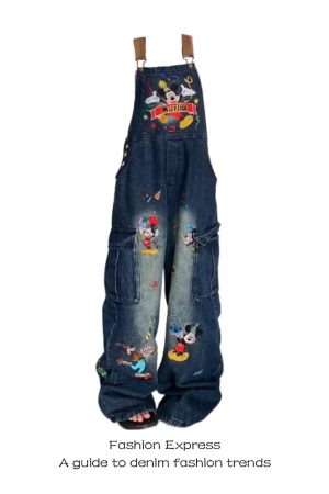 Women's 2025 American Retro Cartoon Cat Embroidery Denim Overalls - Playful Loose Fit Long Pants for Trendy Style