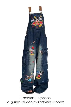 Women's 2025 American Retro Cartoon Cat Embroidery Denim Overalls - Playful Loose Fit Long Pants for Trendy Style