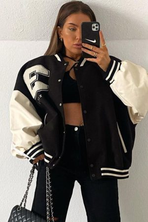 Women's American Retro Black Baseball Jacket - Sweet Cool High Street Pilot Style for Spring, Spicy Short Design