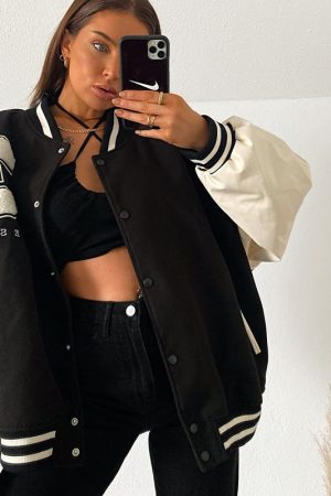 Women's American Retro Black Baseball Jacket - Sweet Cool High Street Pilot Style for Spring, Spicy Short Design