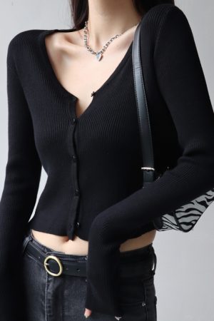 Women's American Style Fitted V-Neck Knit Top & High-Waisted Long Sleeve Cardigan - Slimming, Casual Chic Fashion