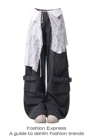 Women's American-Style Lace Hem Wide-Leg Pants with Large Pockets - Trendy Loose Draping Spring Workwear