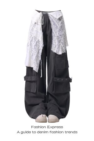 Women's American-Style Lace Hem Wide-Leg Pants with Large Pockets - Trendy Loose Draping Spring Workwear