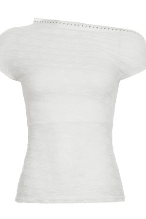 Women's Asymmetrical Off-Shoulder T-Shirt with Textured Floral Design - White Summer Top for 90s and Y2K Style