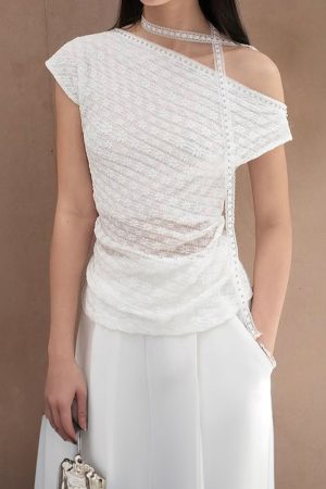 Women's Asymmetrical Off-Shoulder T-Shirt with Textured Floral Design - White Summer Top for 90s and Y2K Style