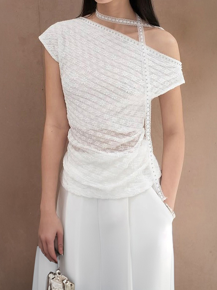 Women's Asymmetrical Off-Shoulder T-Shirt with Textured Floral Design - White Summer Top for 90s and Y2K Style Women's Asymmetrical Off-Shoulder T-Shirt with Textured Floral Design - White Summer Top for 90s and Y2K Style