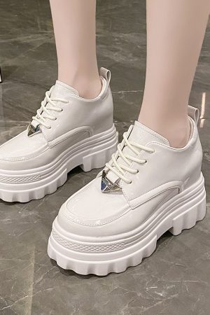 Women's Black Leather Platform Loafers - 2023 Summer British Retro Lace-Up Thin Thick-Soled Versatile Shoes