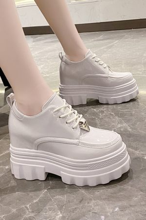 Women's Black Leather Platform Loafers - 2023 Summer British Retro Lace-Up Thin Thick-Soled Versatile Shoes