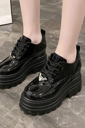 Women's Black Leather Platform Loafers - 2023 Summer British Retro Lace-Up Thin Thick-Soled Versatile Shoes