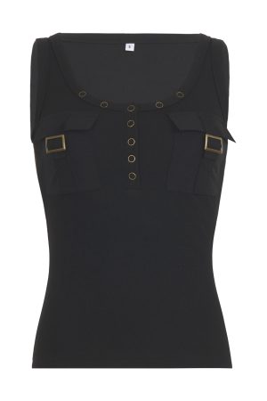 Women's Black Ribbed Sleeveless Vest - Stylish Workwear Top, Versatile Waist-Defining Design, Cool Fashion Essential