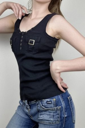 Women's Black Ribbed Sleeveless Vest - Stylish Workwear Top, Versatile Waist-Defining Design, Cool Fashion Essential