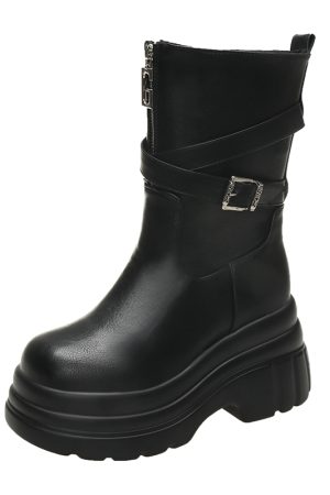 Women's Black Thick-Soled Martin Boots, British Style Motorcycle Short Boots, 9cm Height-Increasing for Autumn 2024