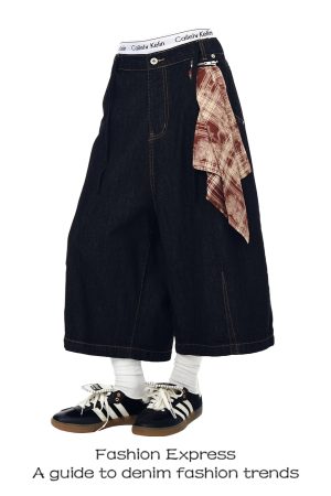 Women's Black Three-Quarter Wide-Leg Denim Shorts with Detachable Square Scarf - 90s American Retro Summer Style