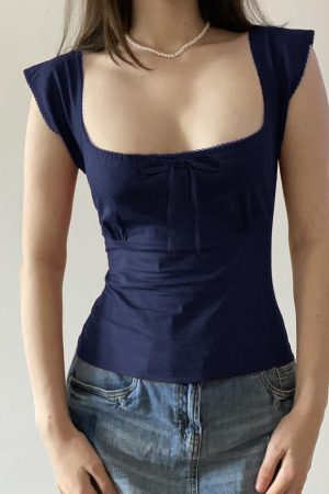 Women's Butterfly Tie Solid White T-Shirt with Small Flying Sleeves & Low Square Neck - Floral Season Rose Summer Style