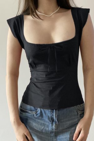 Women's Butterfly Tie Solid White T-Shirt with Small Flying Sleeves & Low Square Neck - Floral Season Rose Summer Style