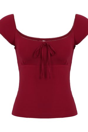 Women's Butterfly Tie Solid White T-Shirt with Small Flying Sleeves & Low Square Neck - Floral Season Rose Summer Style