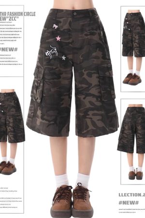 Women's Camouflage Multi-Pocket Five-Point Shorts - Retro American Style, Loose Fit, Casual Summer Fashion 2025