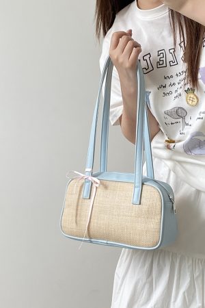 Women's Color Block Spliced Straw Beach Bag - Korean INS Style Handheld Underarm Bag for Vacation & Summer Outings