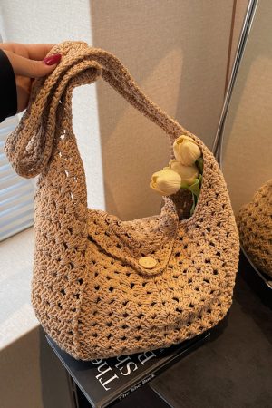 Women's Cotton Yarn Woven Beach Tote Bag - Summer 2025 Hollow Crossbody for Vacation & Commuter Style