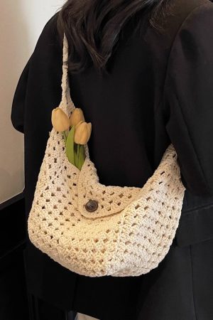Women's Cotton Yarn Woven Beach Tote Bag - Summer 2025 Hollow Crossbody for Vacation & Commuter Style