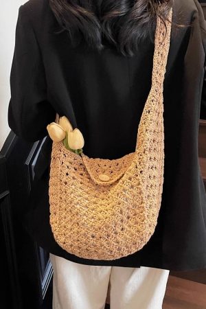 Women's Cotton Yarn Woven Beach Tote Bag - Summer 2025 Hollow Crossbody for Vacation & Commuter Style