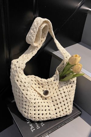 Women's Cotton Yarn Woven Beach Tote Bag - Summer 2025 Hollow Crossbody for Vacation & Commuter Style
